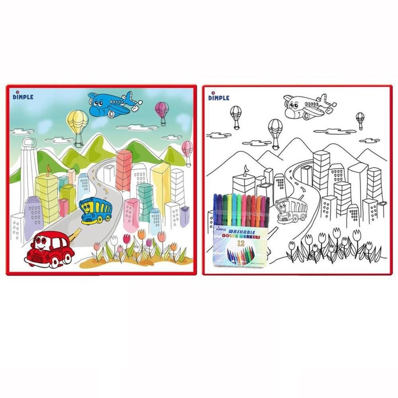Large Washable Kids Coloring Play Mat City Life Design 31.5In With 12 Markers